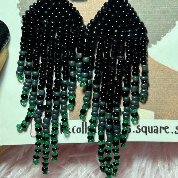 Black & Gray Beaded Fringe Earrings with Green Accents - Picture 2 of 3